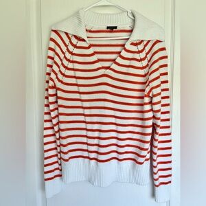 Talbots White Sweater Orange Stripe V-Neck Large Collar Size [S/M]